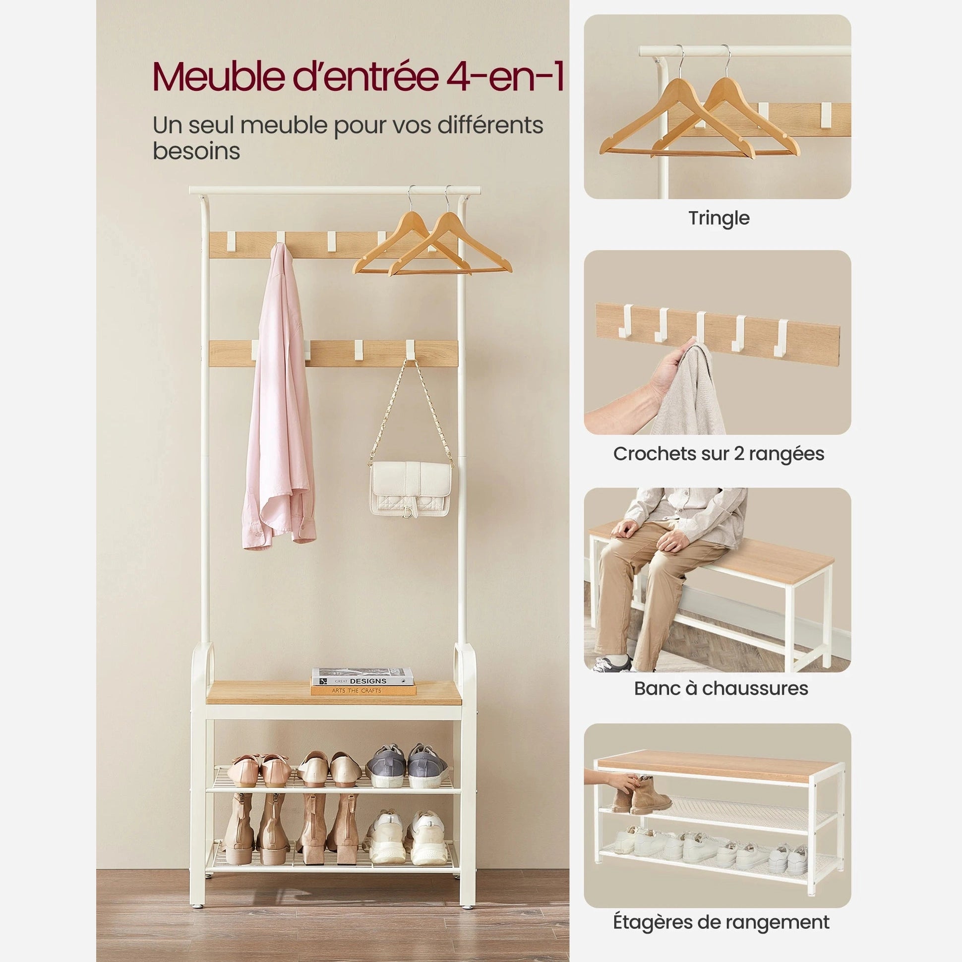 Porte manteau vestiaire avec étagères à chaussures 4 en 1