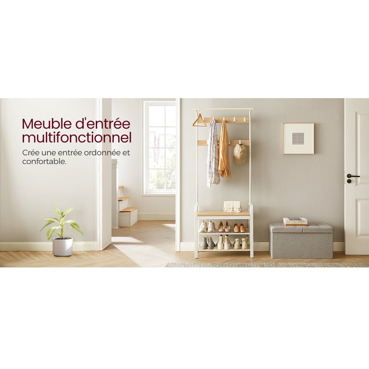 Porte manteau vestiaire avec étagères à chaussures 4 en 1