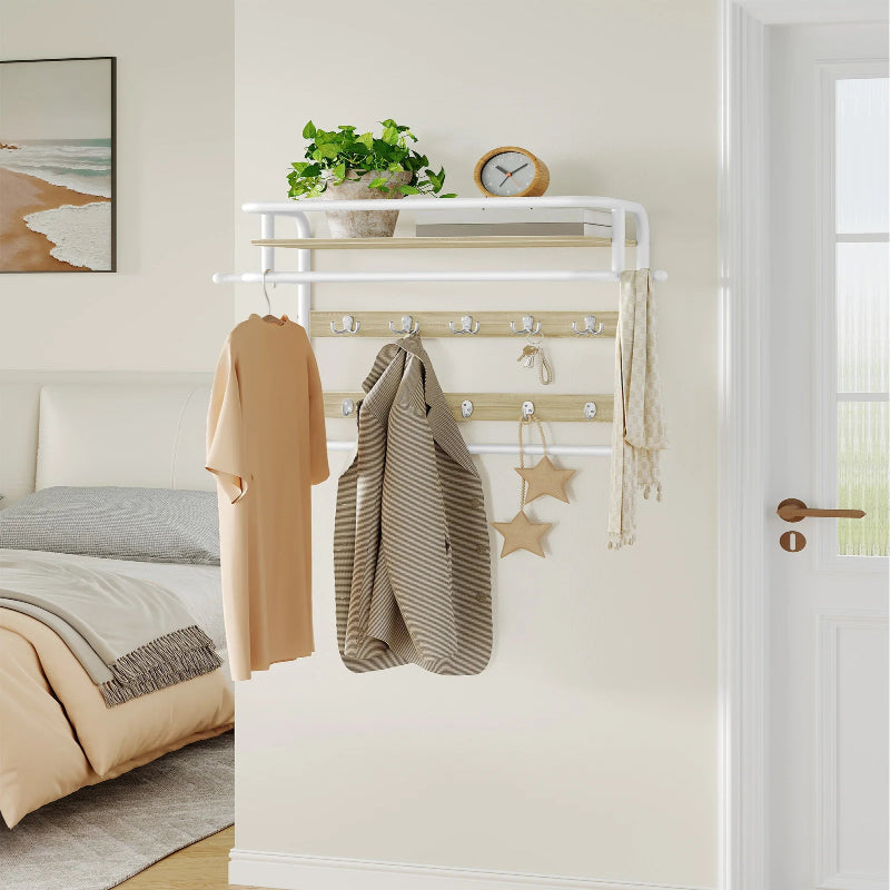 Porte manteau étagère murale bois avec 10 crochets amovibles métal blanc pour chambre à couché ou entré