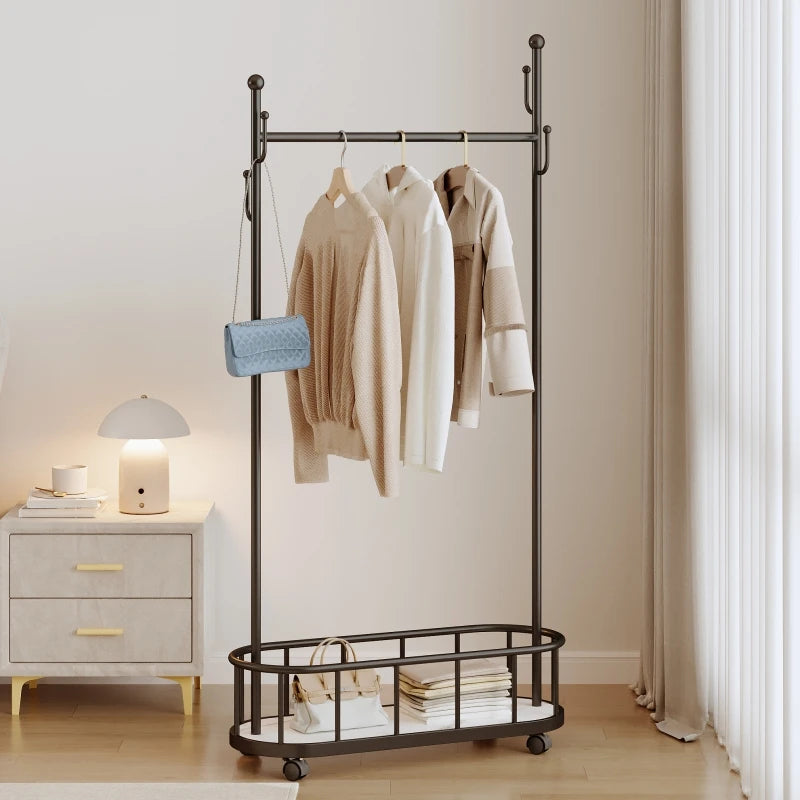 Porte manteau sur roulettes avec grand panier de rangement