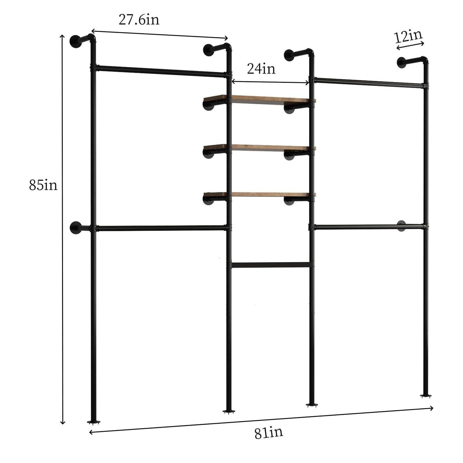 Porte manteau industriel mural LED – 3 étagères, tuyauterie métal, dressing