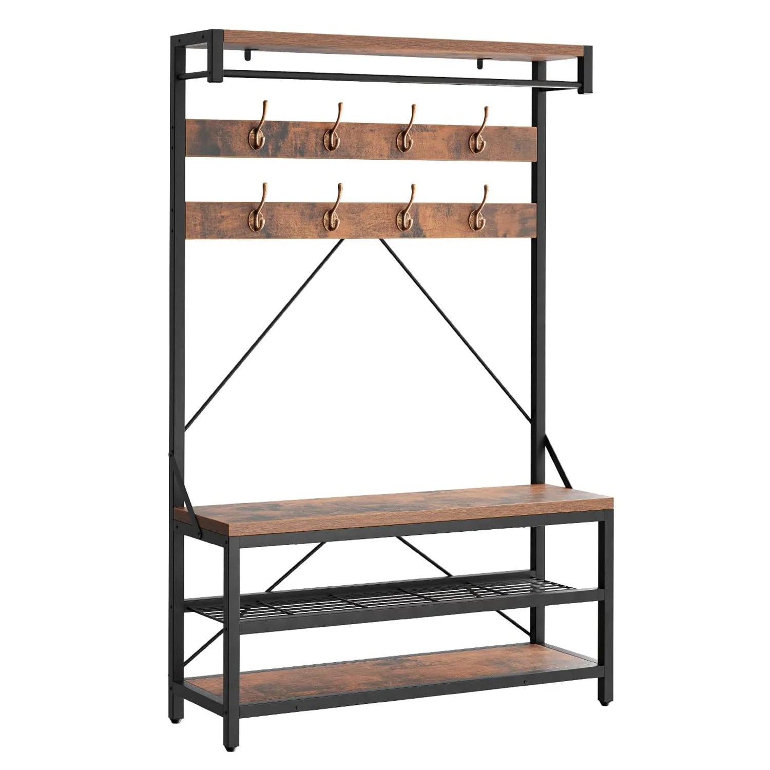 Porte manteau industriel avec banc à chaussures – 8 crochets, métal et bois, 182 cm