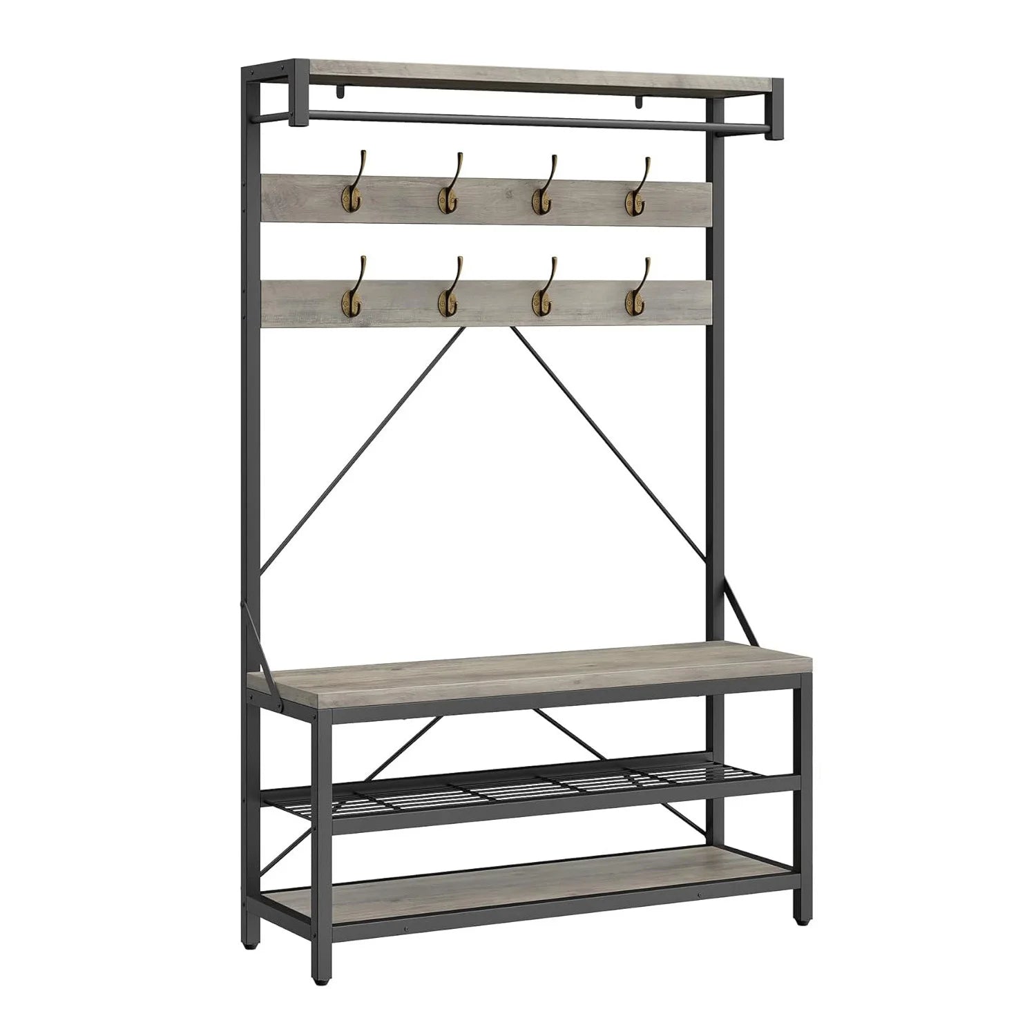 Porte manteau industriel avec banc à chaussures – 8 crochets, métal et bois, 182 cm