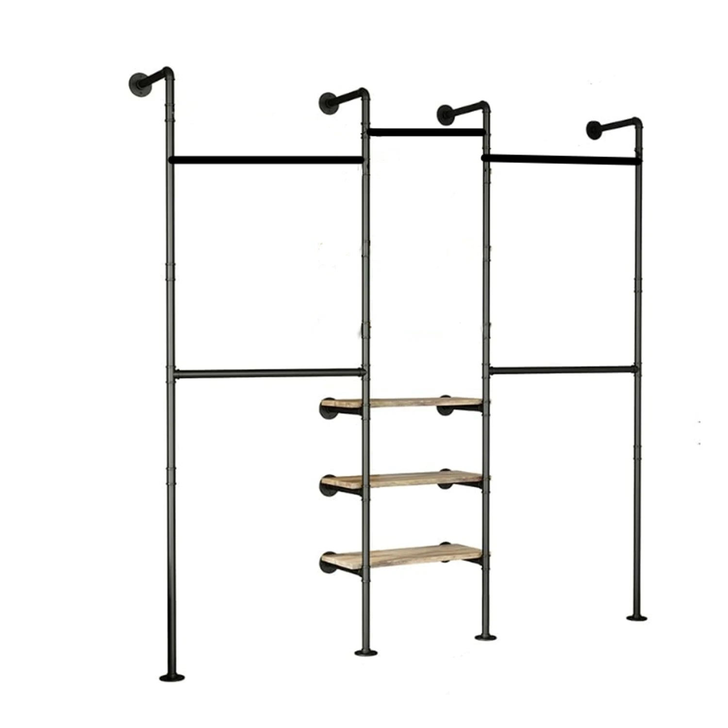 Porte manteau industriel mural LED – 3 étagères, tuyauterie métal, dressing