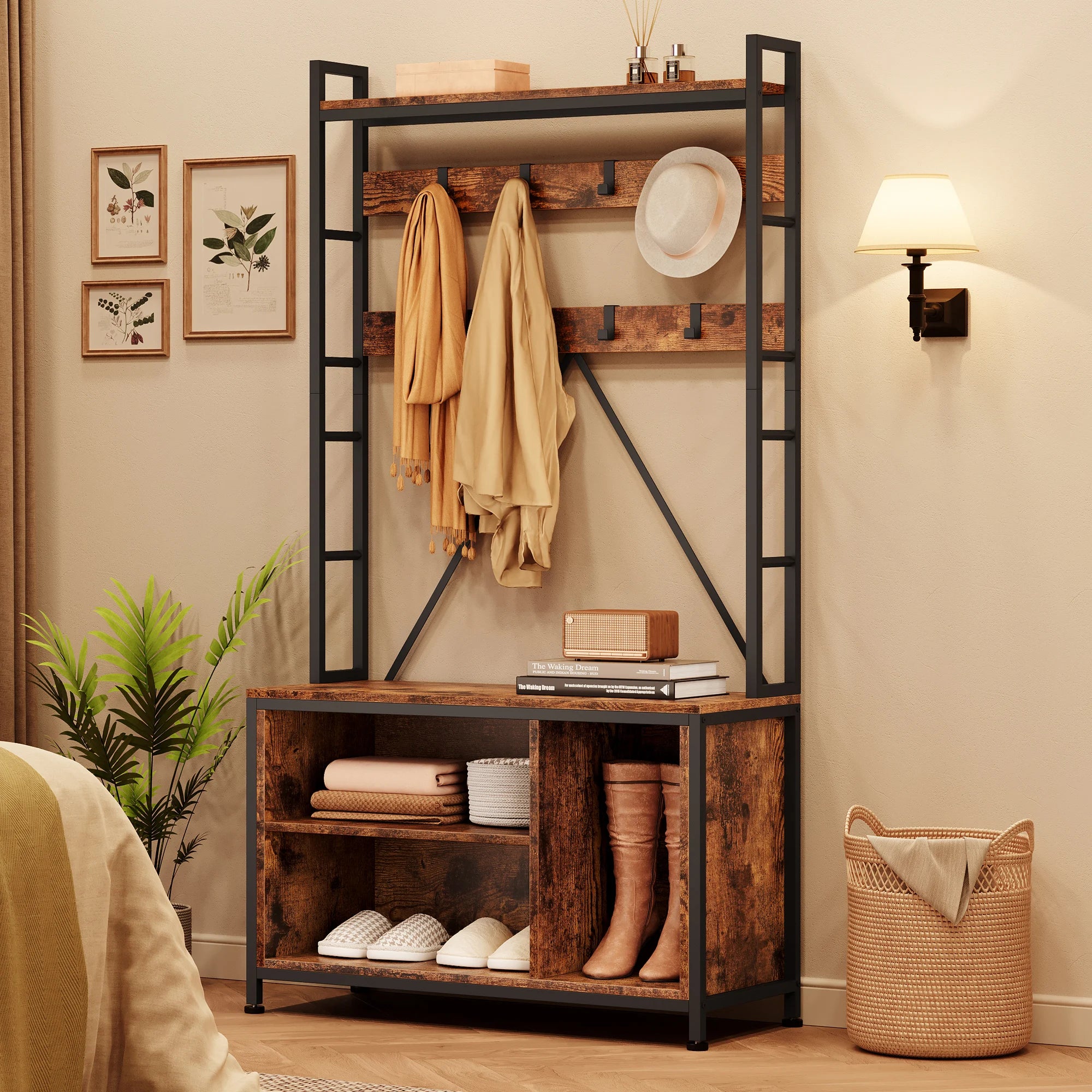 Porte manteau industriel avec banc et étagère murale – 8 crochets, métal, couloir