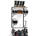 Wall-mounted industrial coat rack with rustic wood top holding helmets and motorcycle gear