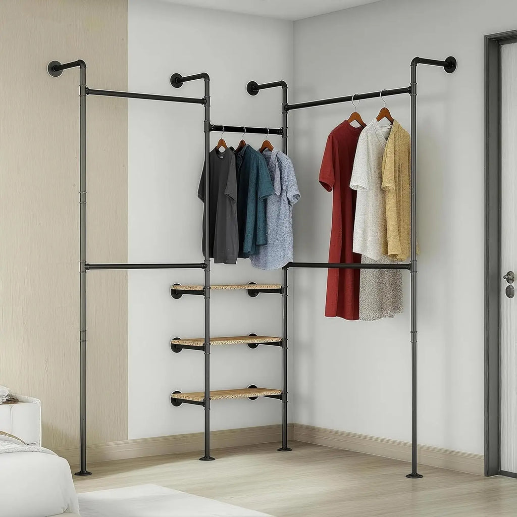 Porte manteau industriel mural LED – 3 étagères, tuyauterie métal, dressing