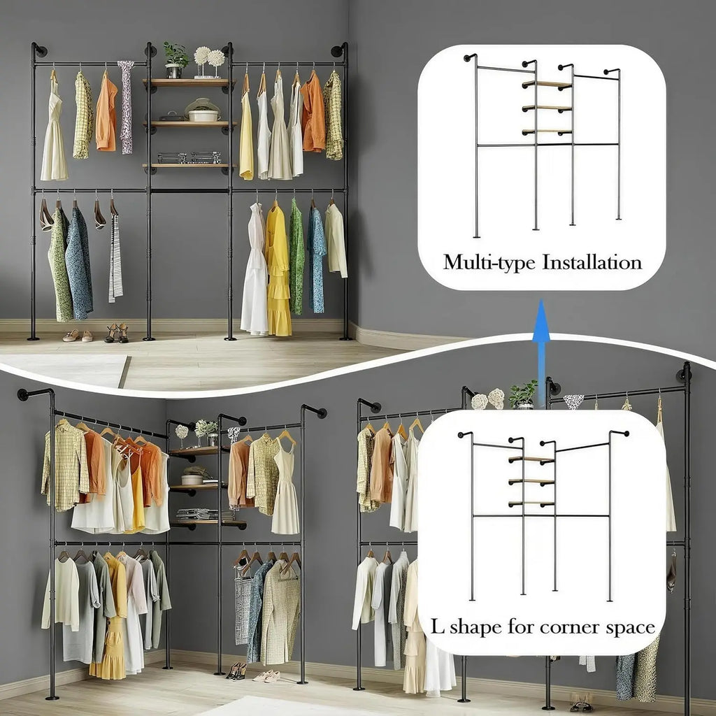Porte manteau industriel mural LED – 3 étagères, tuyauterie métal, dressing