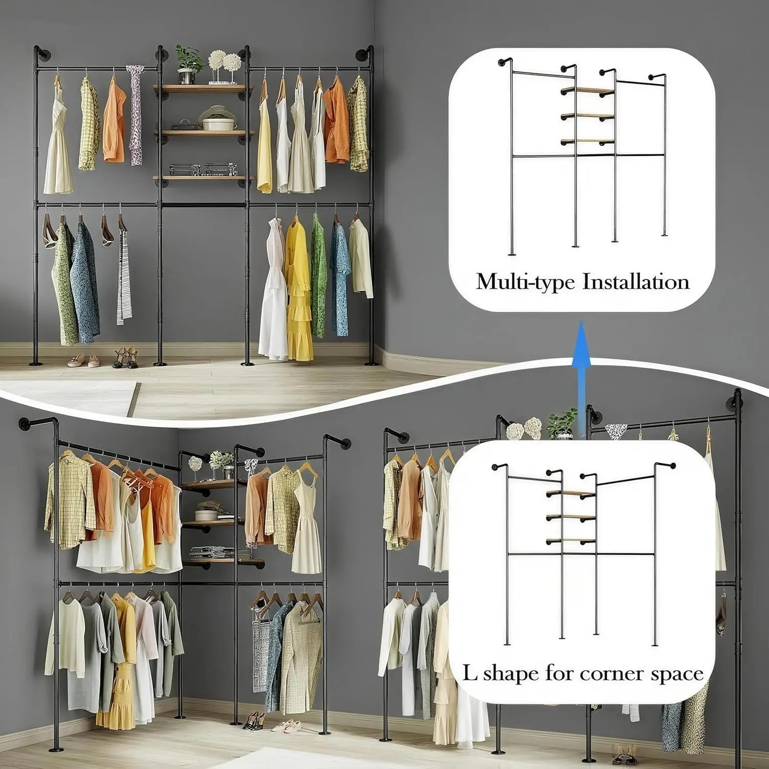 Porte manteau industriel mural LED – 3 étagères, tuyauterie métal, dressing