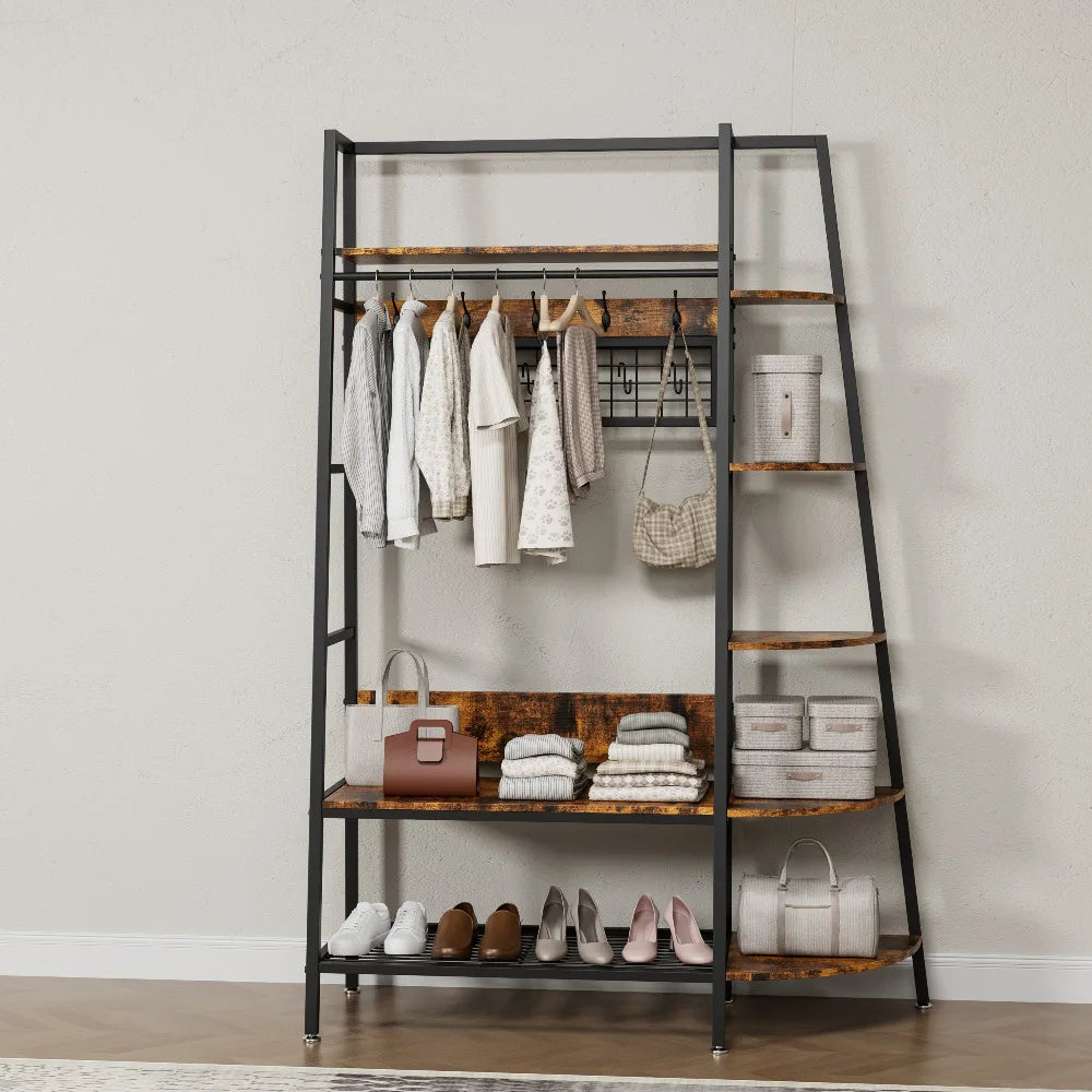 Porte manteau industriel avec étagères de style rétro marron