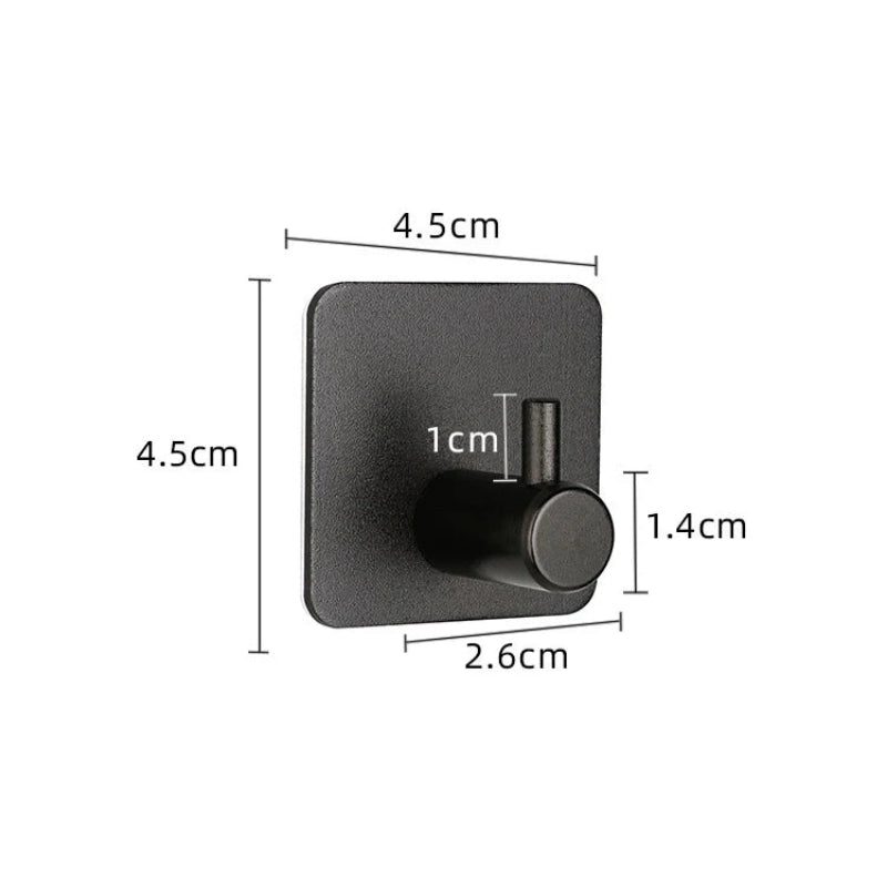 Single black adhesive wall hook with square backplate and matte finish